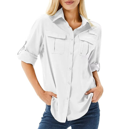 Camisa de senderismo y safari UPF 50 para mujer con mangas enrollables y bolsillos con cremallera