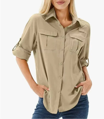 Camisa de senderismo y safari UPF 50 para mujer con mangas enrollables y bolsillos con cremallera