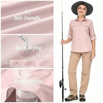 Camisa de senderismo y safari UPF 50 para mujer con mangas enrollables y bolsillos con cremallera