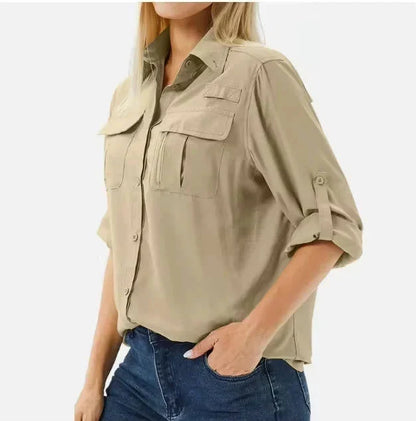 Camisa de senderismo y safari UPF 50 para mujer con mangas enrollables y bolsillos con cremallera
