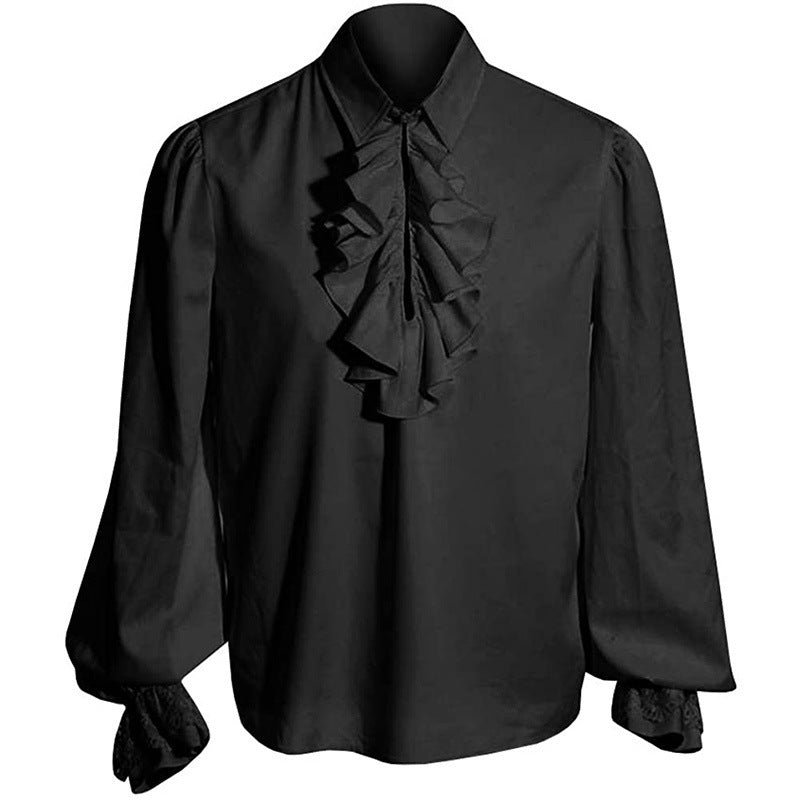Camisa elegante de estilo barroco con volantes para hombre, con cuello elevado, pechera con chorrera y puños de encaje