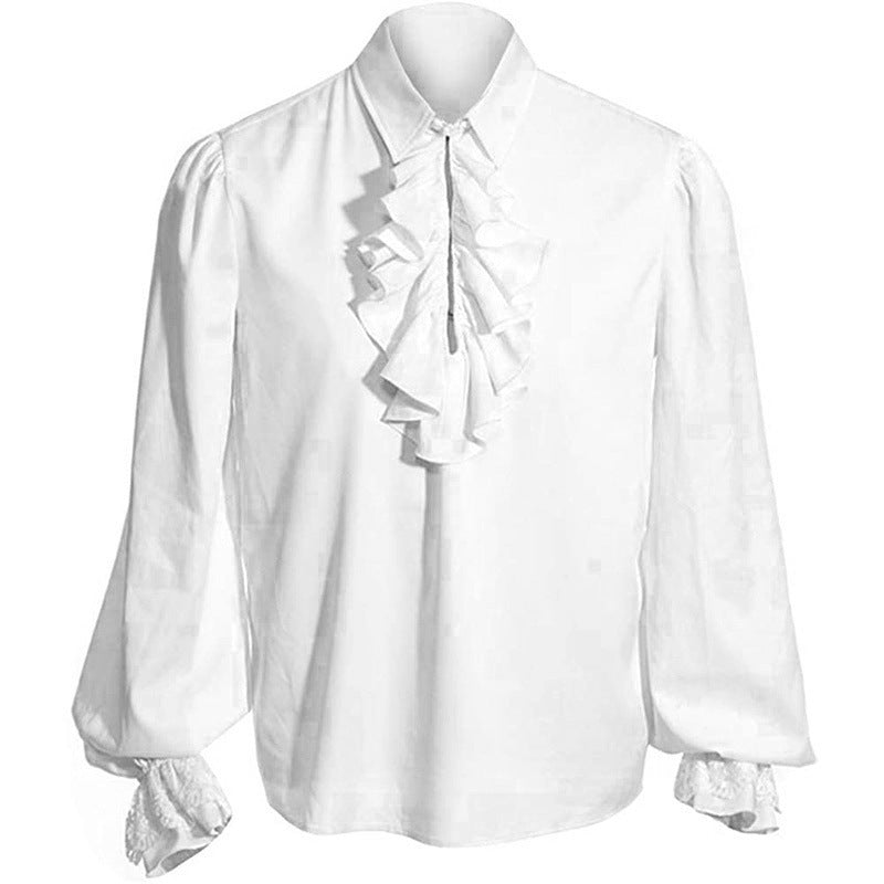 Camisa elegante de estilo barroco con volantes para hombre, con cuello elevado, pechera con chorrera y puños de encaje