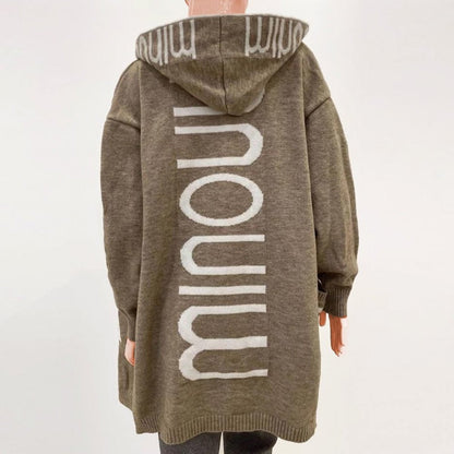 Cárdigan de punto abierto con capucha y estampado de letras para mujer