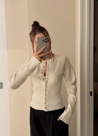 Cárdigan de punto canalé para mujer | Chaqueta de punto entallada abotonada de manga larga | Estilo casual para diario y oficina