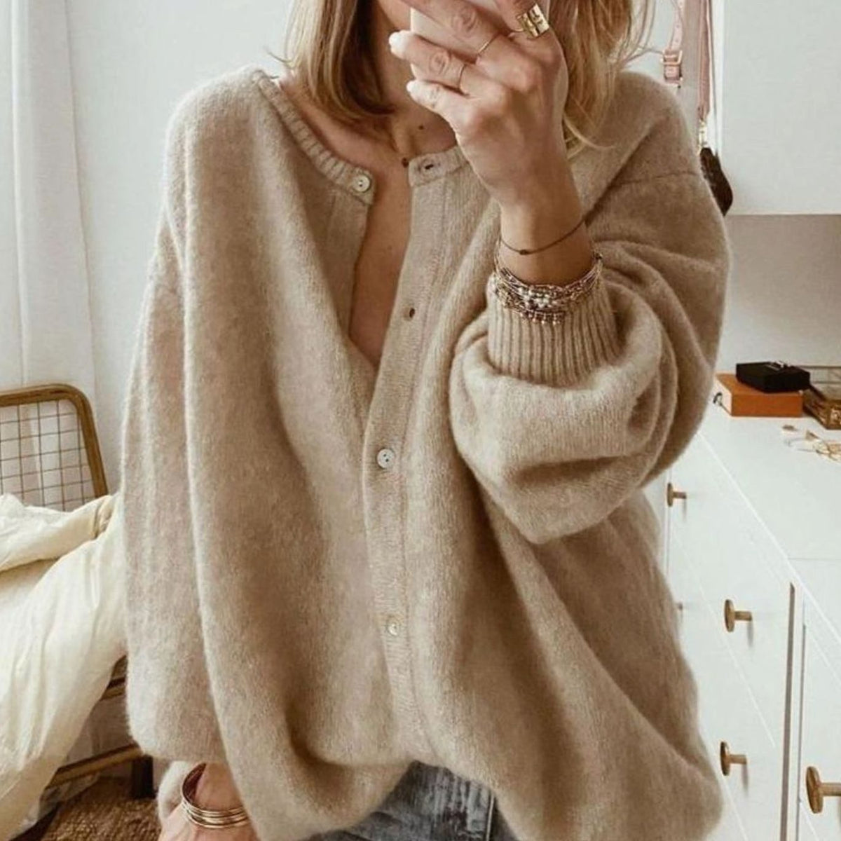 Cárdigan de punto oversize abotonado para mujer con puños acanalados