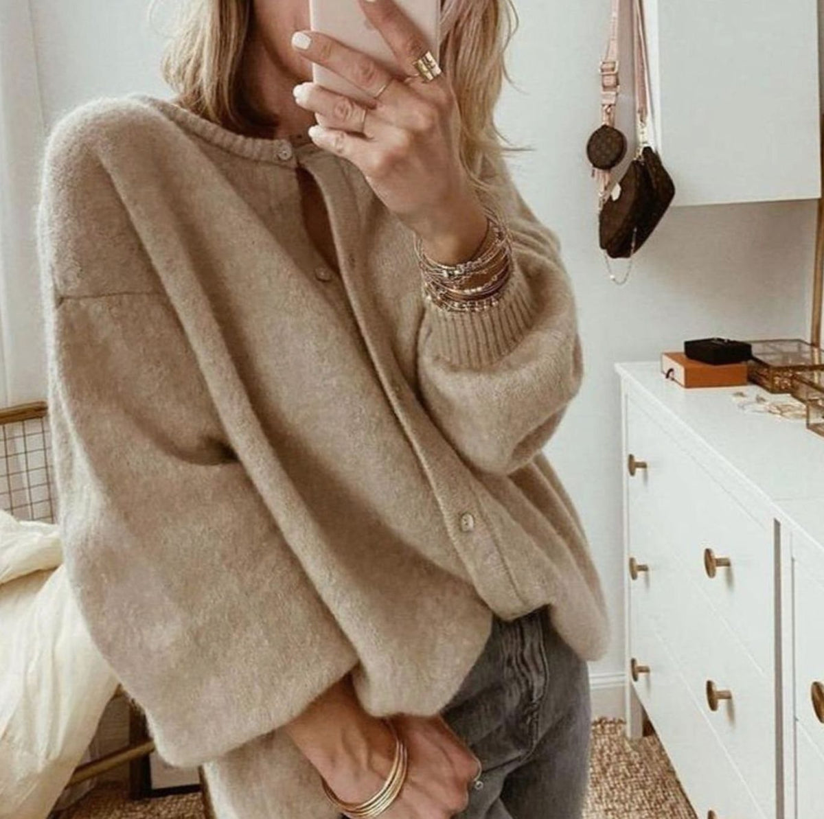 Cárdigan de punto oversize abotonado para mujer con puños acanalados