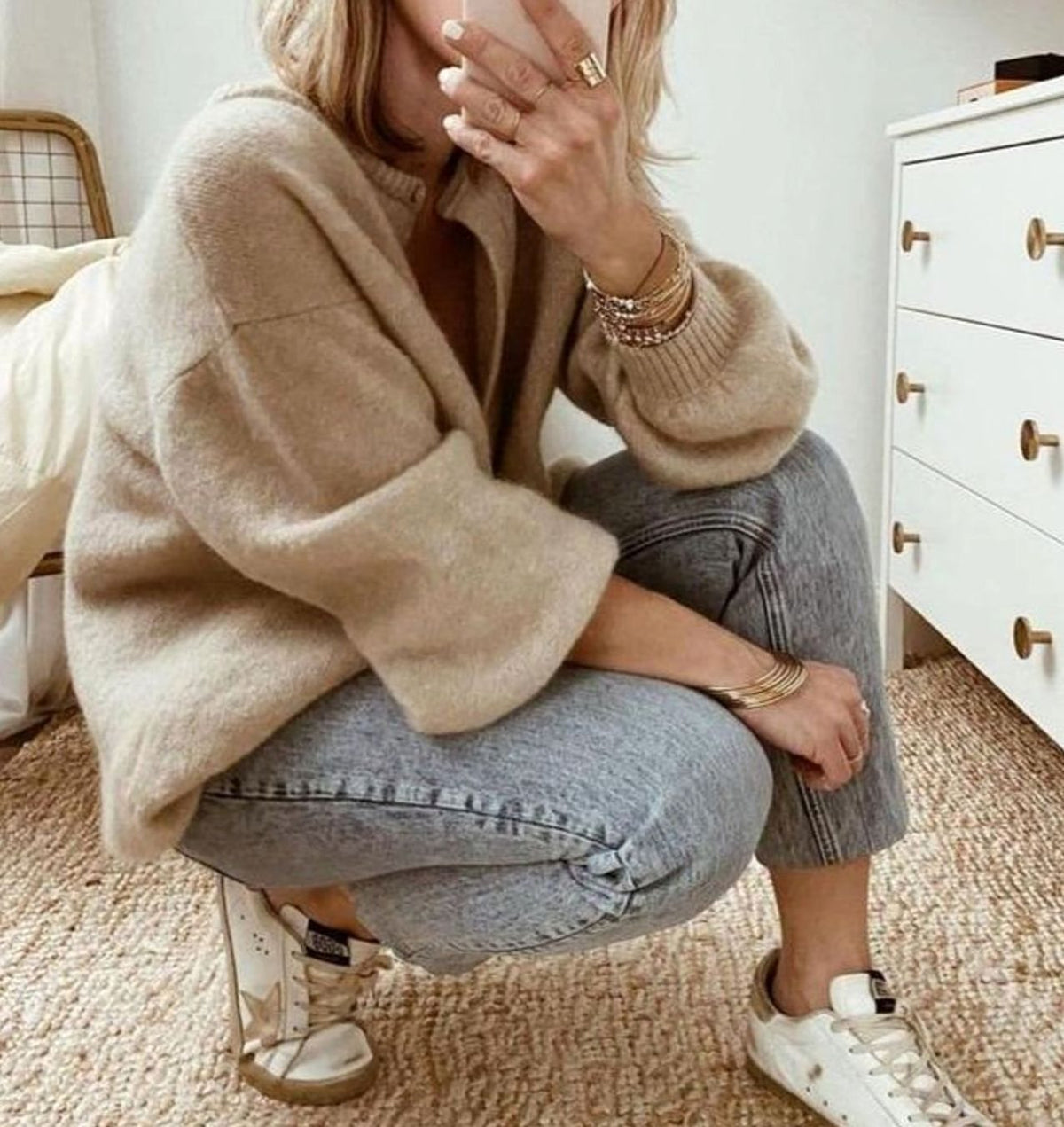 Cárdigan de punto oversize abotonado para mujer con puños acanalados