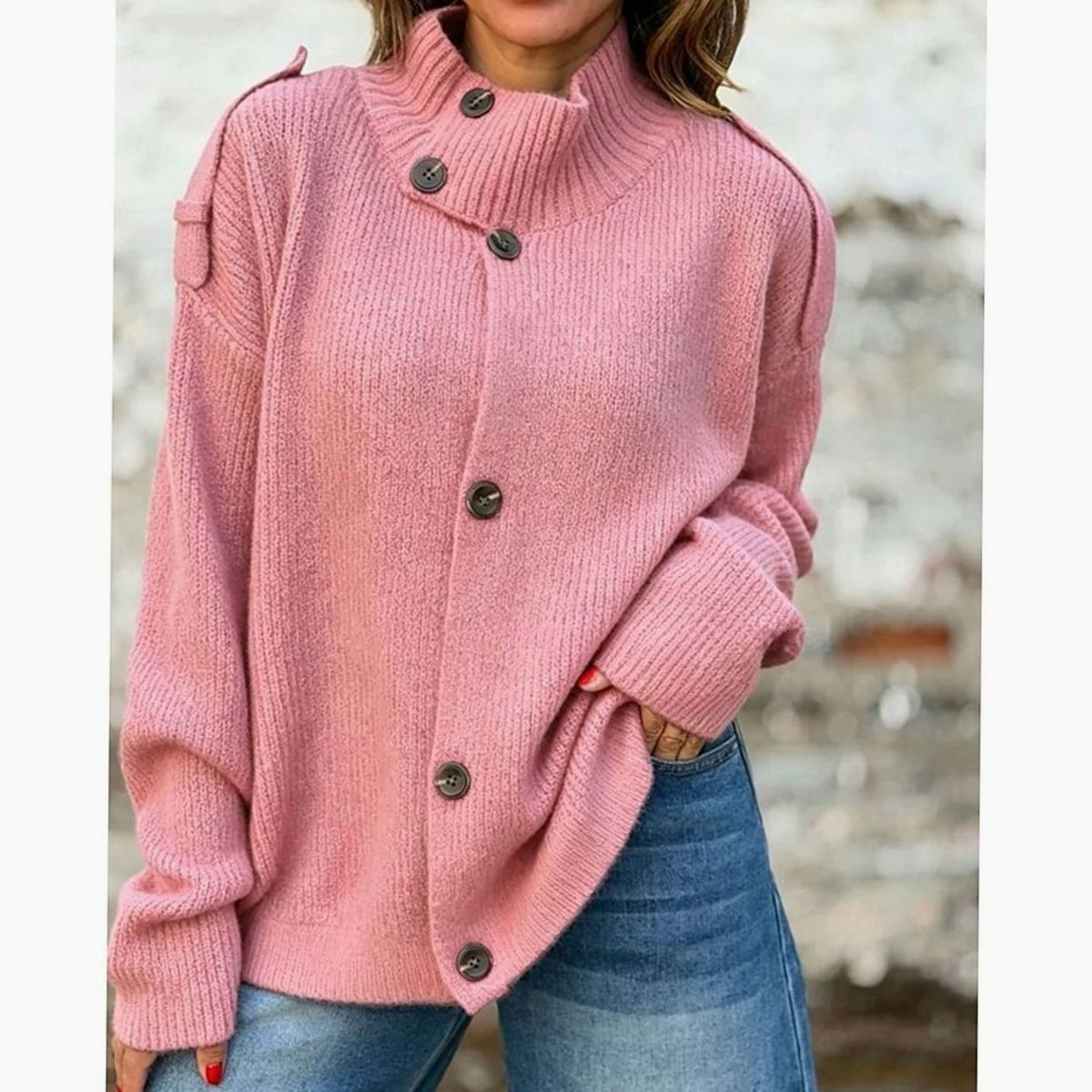 Cárdigan de punto oversize con cuello alzado y botones delanteros para mujer
