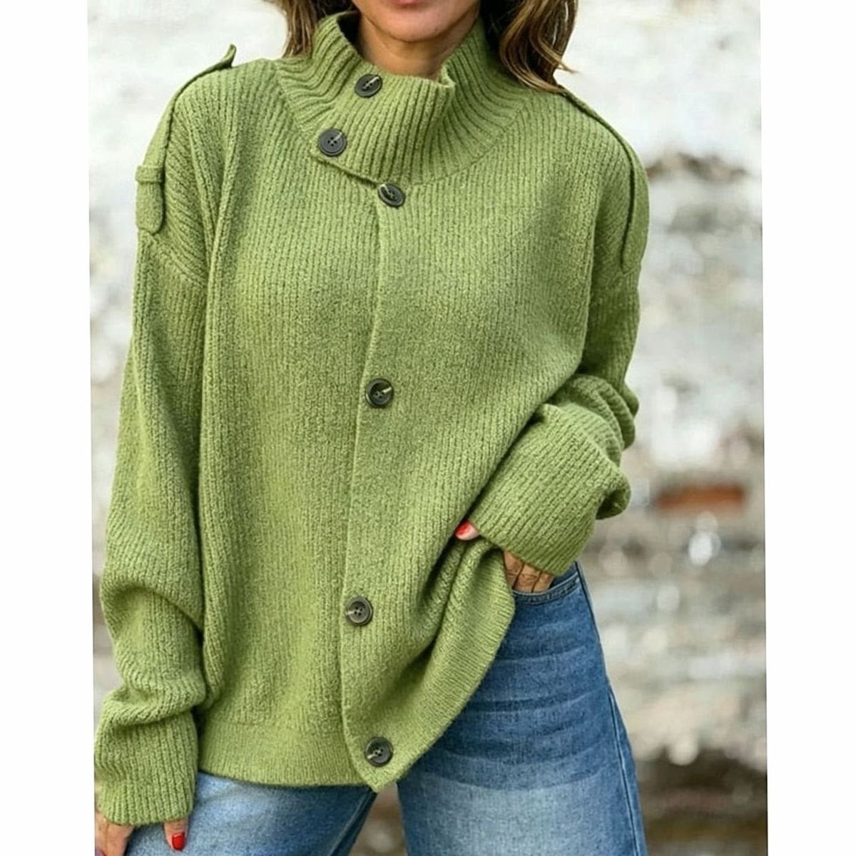 Cárdigan de punto oversize con cuello alzado y botones delanteros para mujer