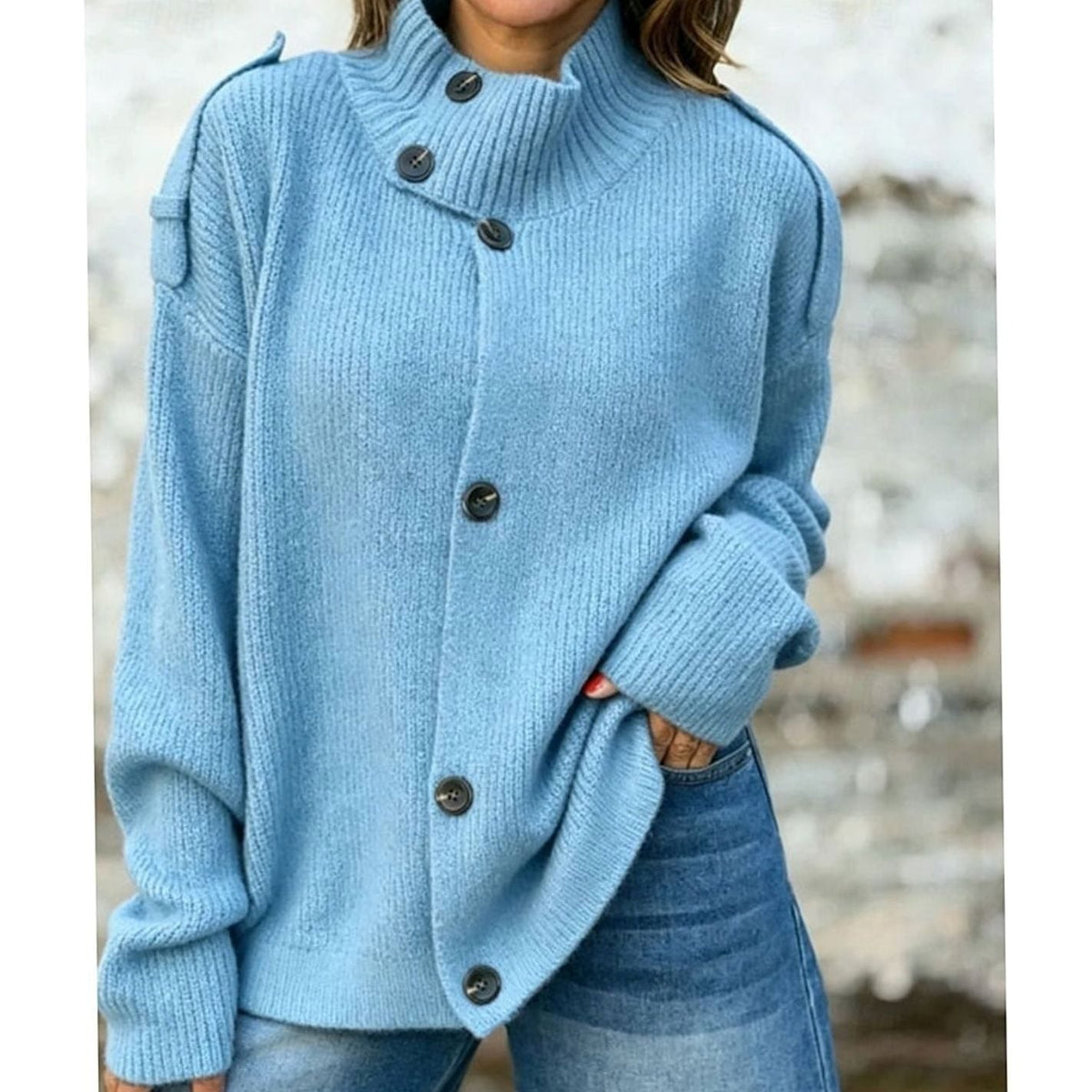 Cárdigan de punto oversize con cuello alzado y botones delanteros para mujer