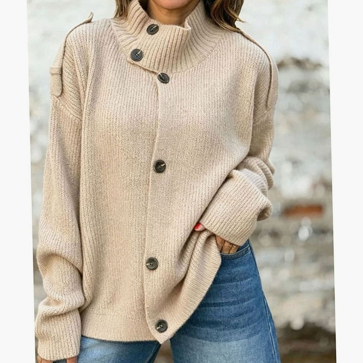 Cárdigan de punto oversize con cuello alzado y botones delanteros para mujer