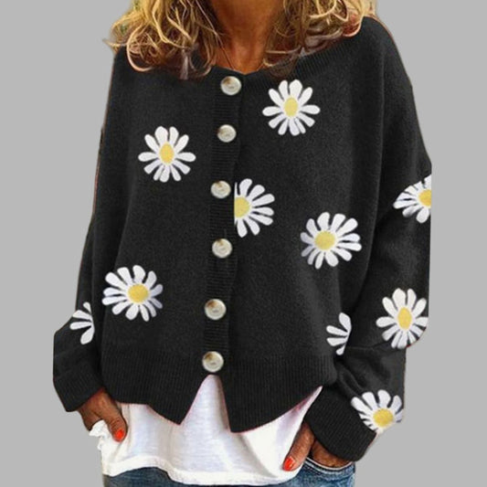 Cárdigan de punto para mujer con estampado floral de margaritas y botones delanteros