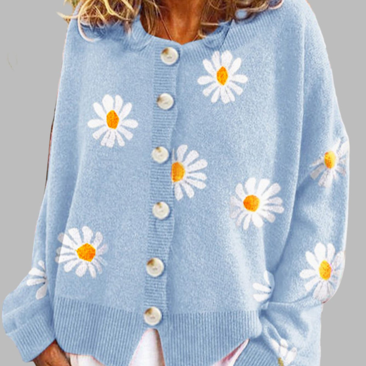 Cárdigan de punto para mujer con estampado floral de margaritas y botones delanteros