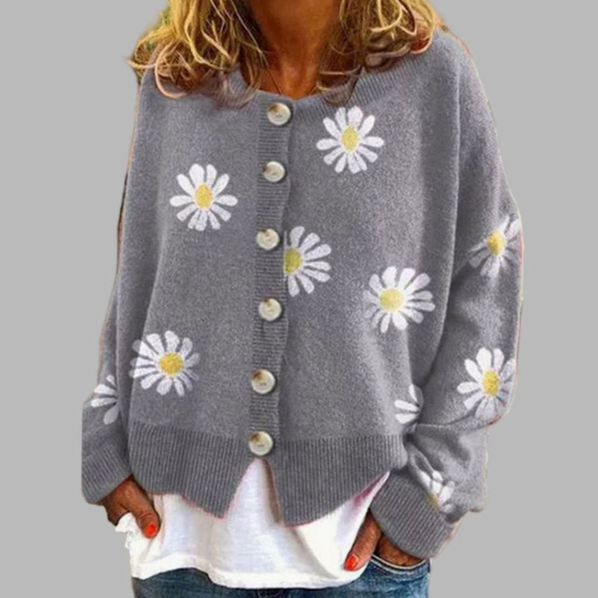 Cárdigan de punto para mujer con estampado floral de margaritas y botones delanteros