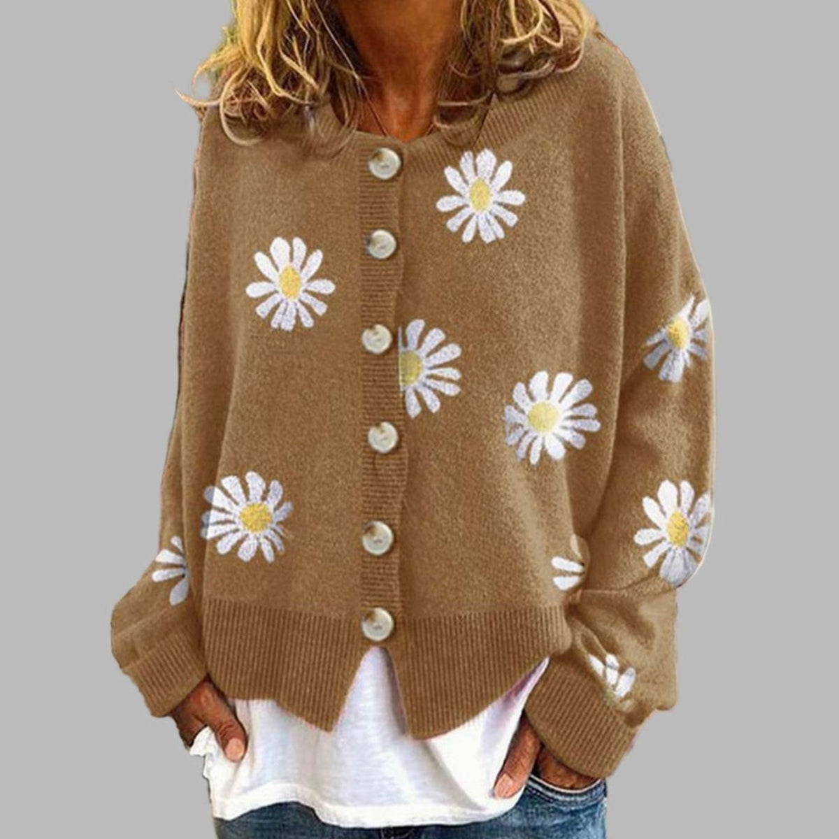 Cárdigan de punto para mujer con estampado floral de margaritas y botones delanteros