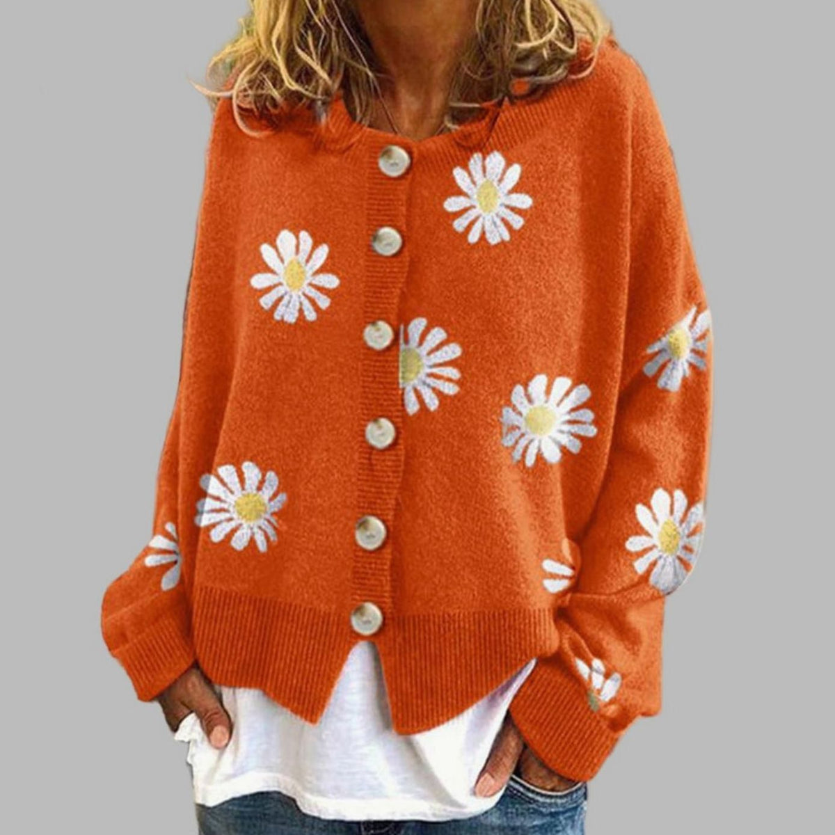 Cárdigan de punto para mujer con estampado floral de margaritas y botones delanteros