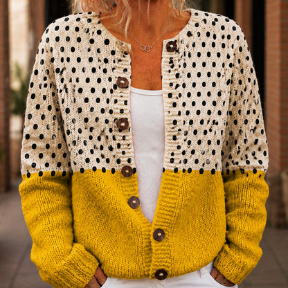 Cárdigan de punto para mujer con lunares, diseño de bloques de color y botones frontales