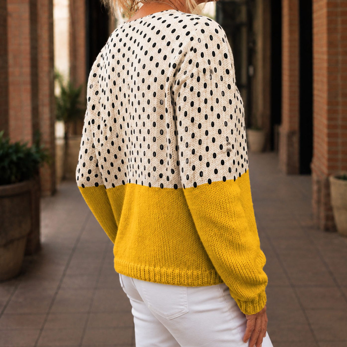 Cárdigan de punto para mujer con lunares, diseño de bloques de color y botones frontales