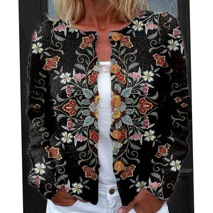 Cárdigan de punto para mujer de manga larga con estampado floral y botones frontales