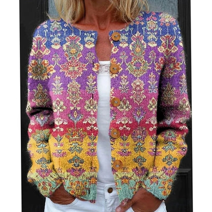 Cárdigan de punto para mujer de manga larga con estampado floral y botones frontales