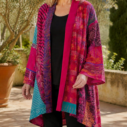 Cárdigan largo abierto de patchwork con mangas anchas para mujer