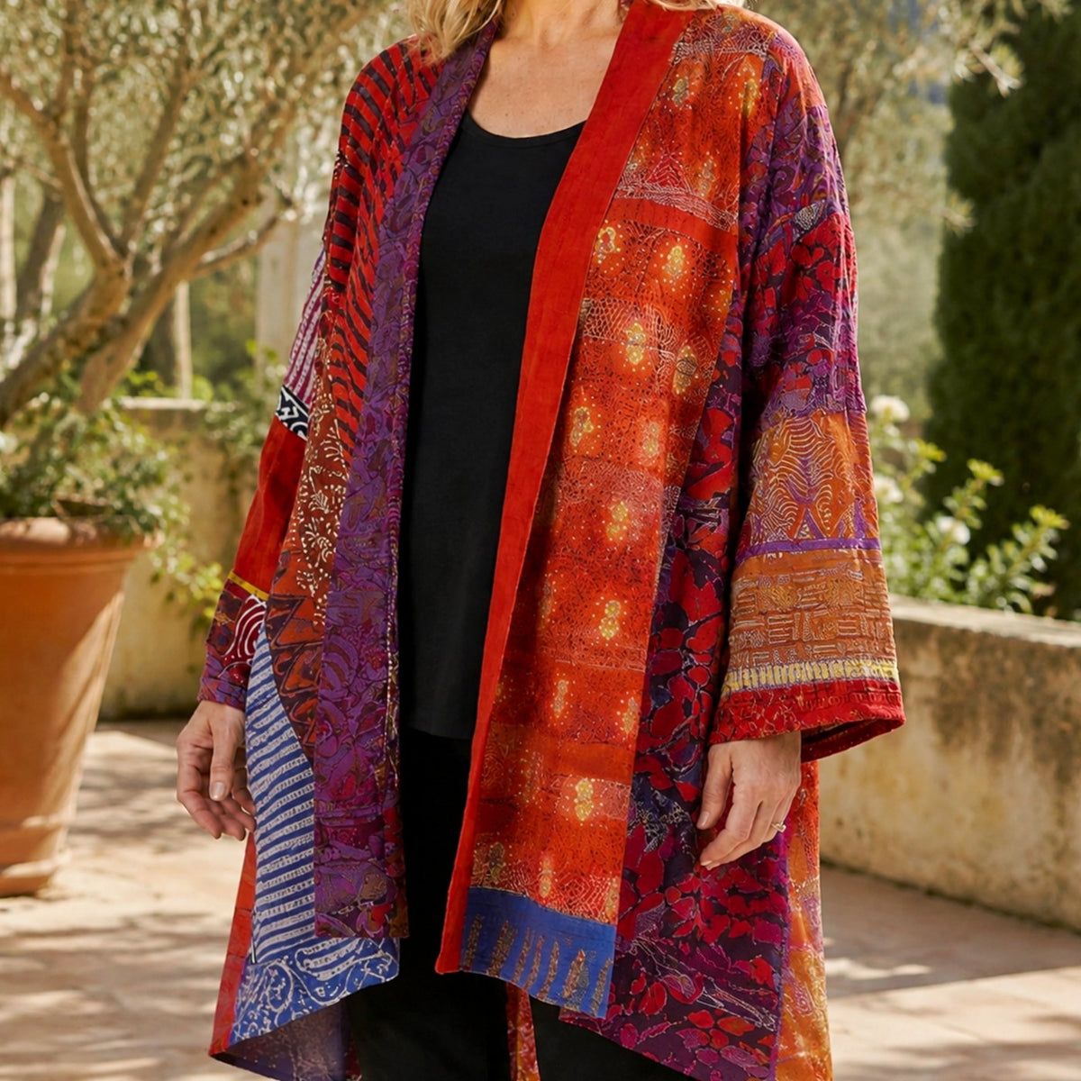 Cárdigan largo abierto de patchwork con mangas anchas para mujer
