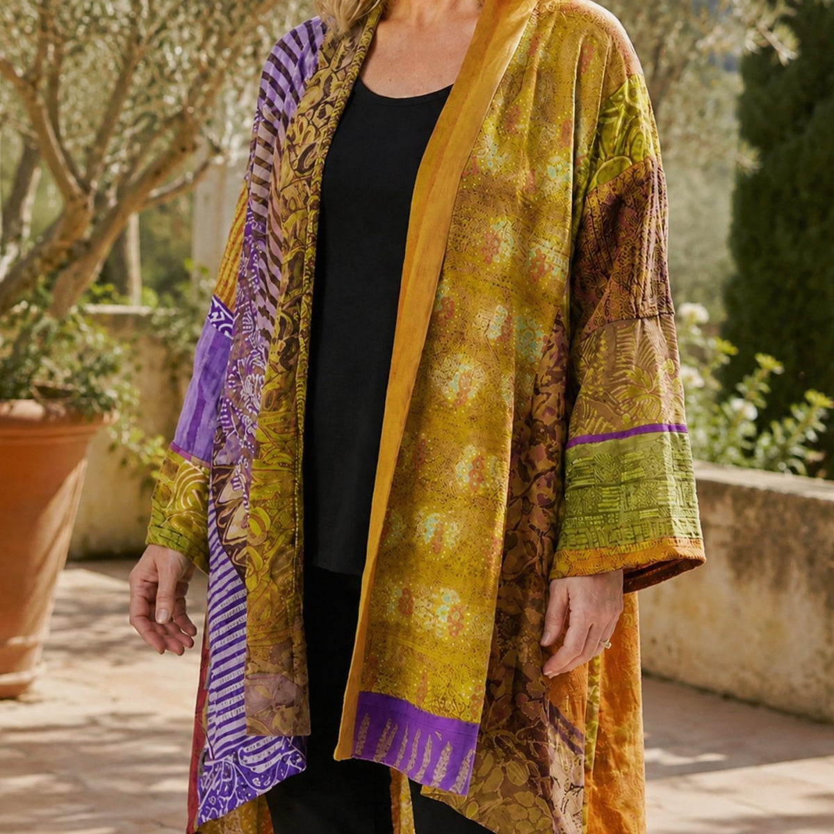 Cárdigan largo abierto de patchwork con mangas anchas para mujer