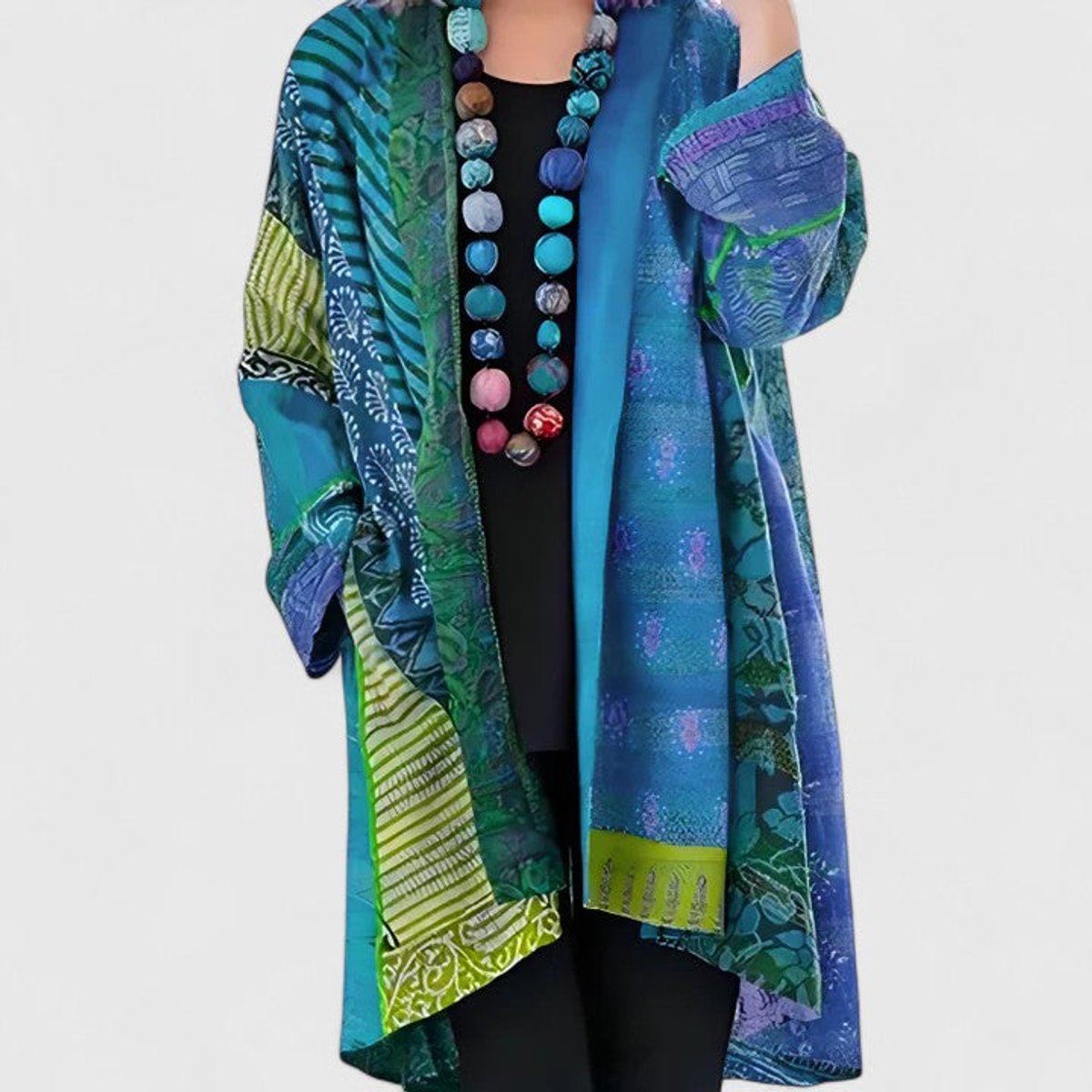 Cárdigan largo abierto para mujer con estampado patchwork
