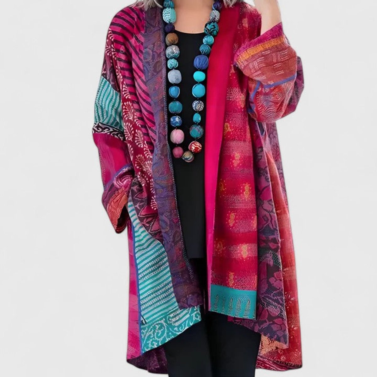 Cárdigan largo abierto para mujer con estampado patchwork