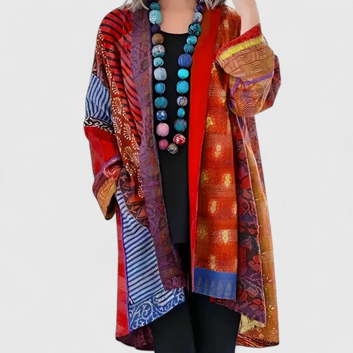 Cárdigan largo abierto para mujer con estampado patchwork