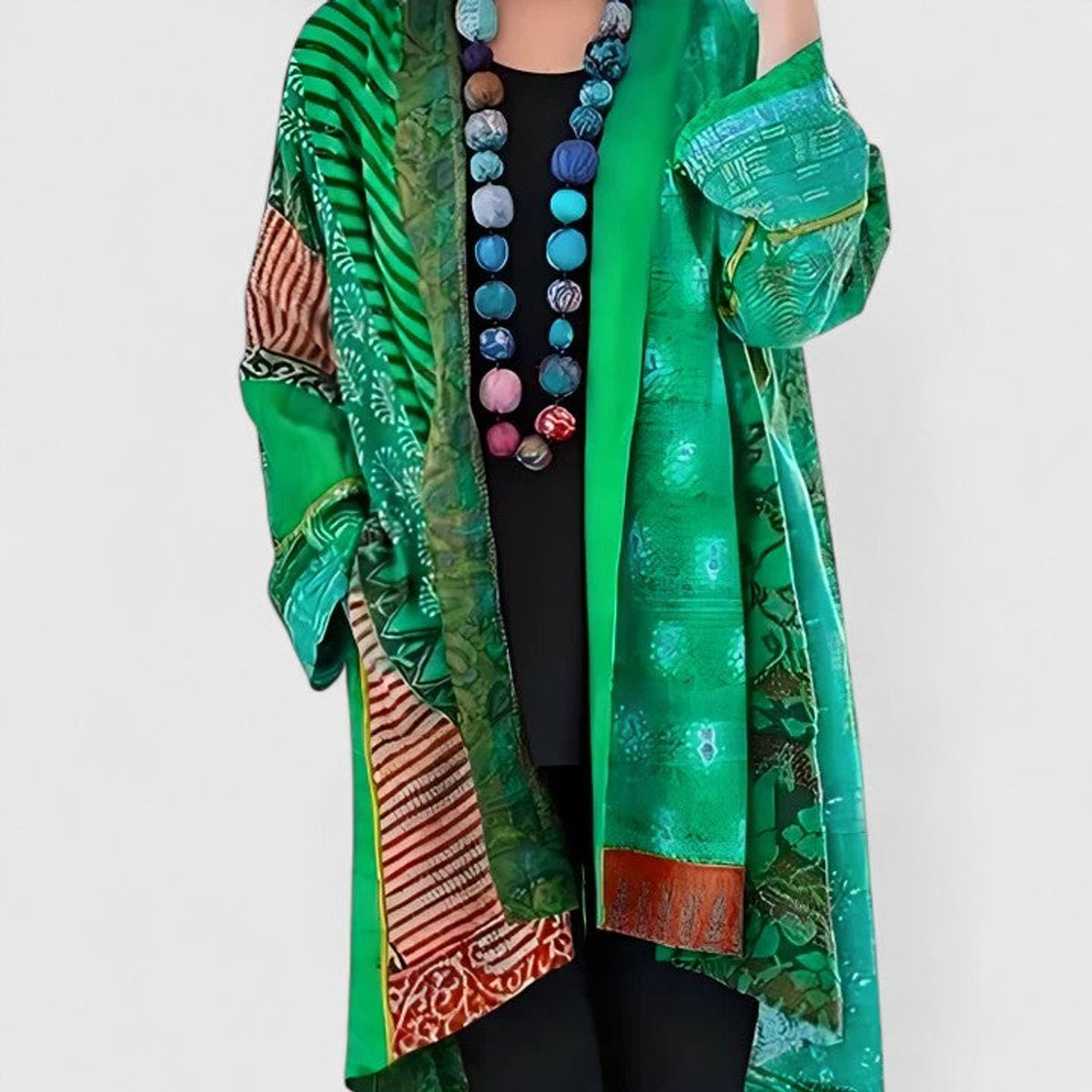 Cárdigan largo abierto para mujer con estampado patchwork
