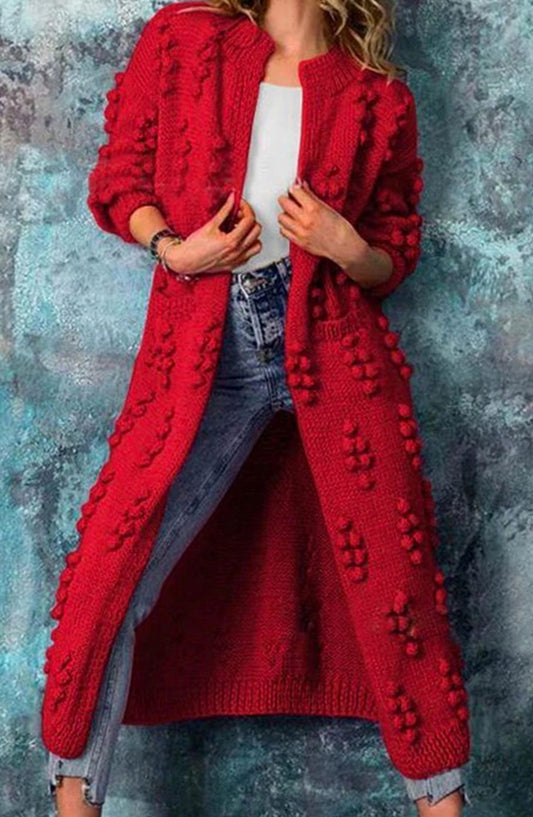 Cárdigan largo abierto para mujer con textura de pompones