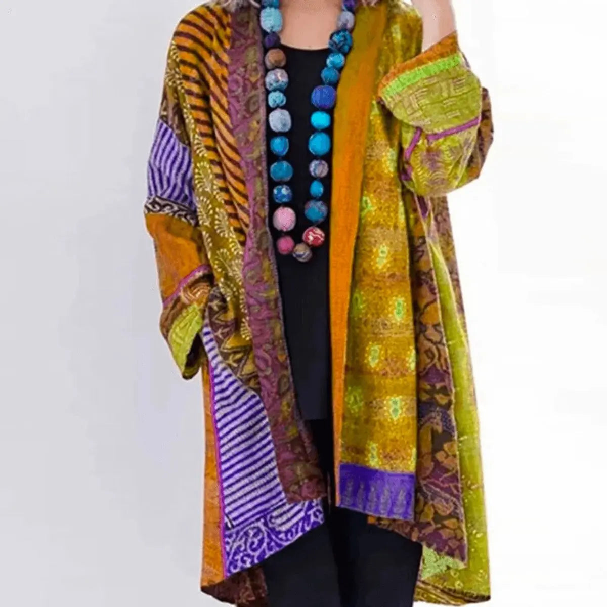 Cárdigan largo abierto tipo patchwork para mujer
