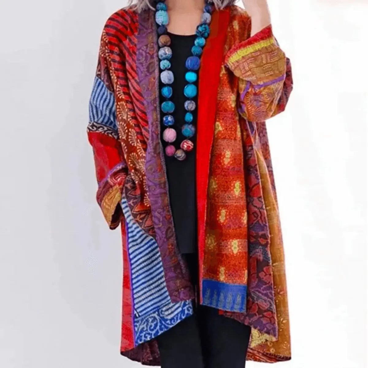 Cárdigan largo abierto tipo patchwork para mujer