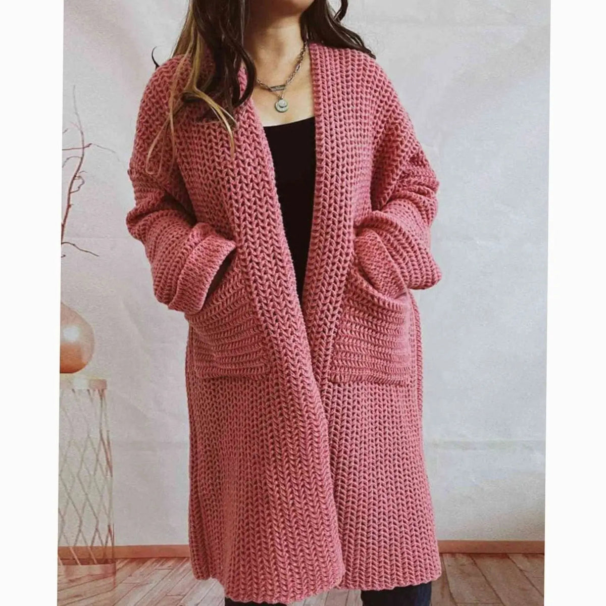 Cárdigan largo de punto grueso para mujer, diseño oversized abierto con bolsillos