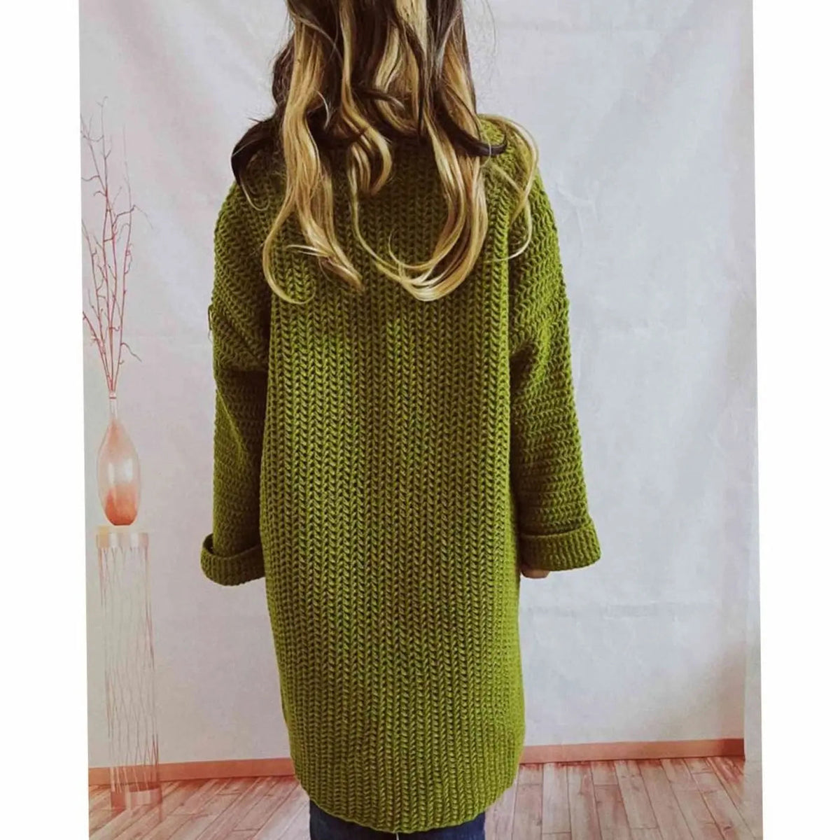 Cárdigan largo de punto grueso para mujer, diseño oversized abierto con bolsillos