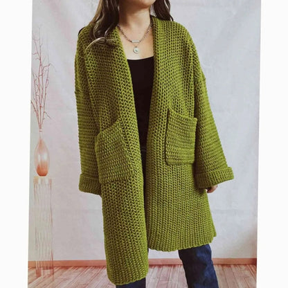 Cárdigan largo de punto grueso para mujer, diseño oversized abierto con bolsillos