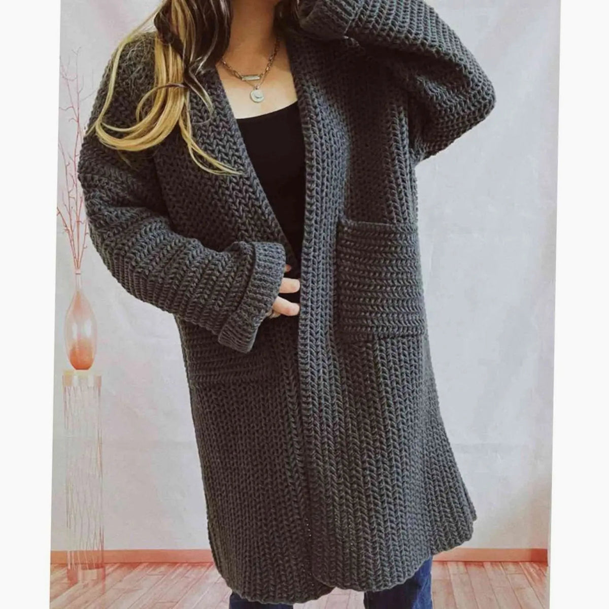 Cárdigan largo de punto grueso para mujer, diseño oversized abierto con bolsillos
