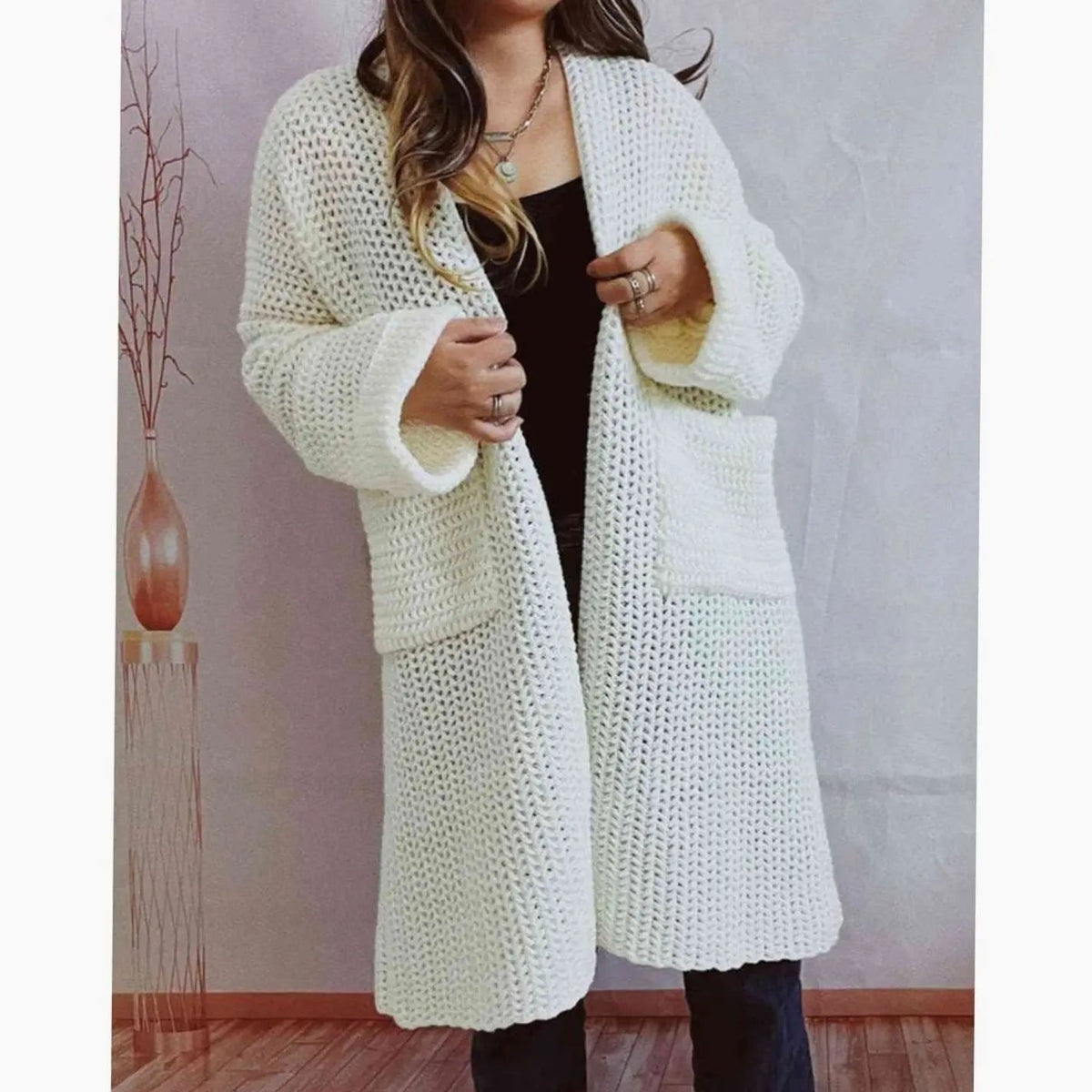 Cárdigan largo de punto grueso para mujer, diseño oversized abierto con bolsillos