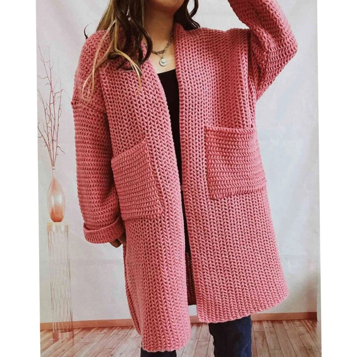 Cárdigan largo de punto grueso para mujer, diseño oversized abierto con bolsillos