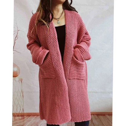 Cárdigan largo de punto grueso para mujer, diseño oversized abierto con bolsillos