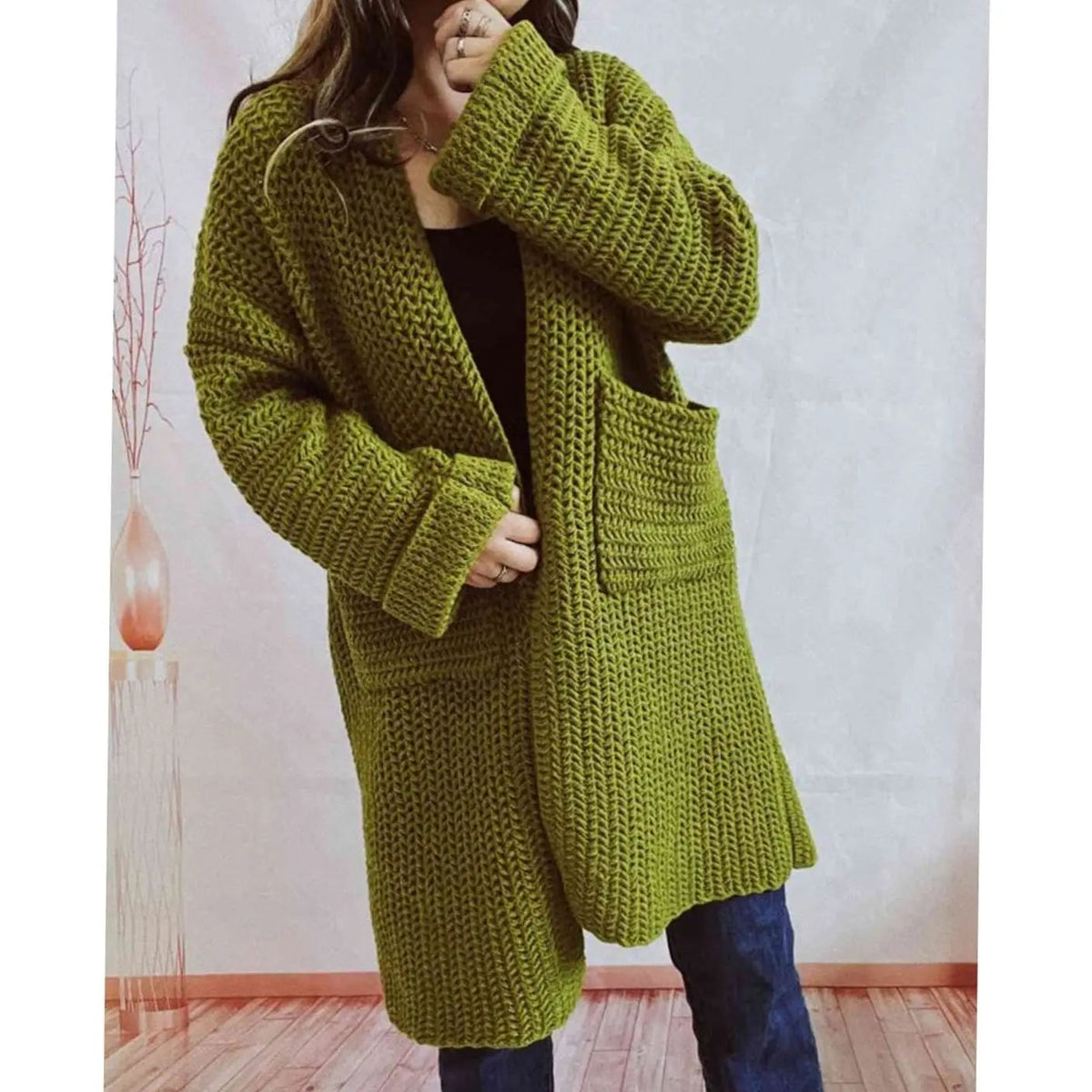 Cárdigan largo de punto grueso para mujer, diseño oversized abierto con bolsillos