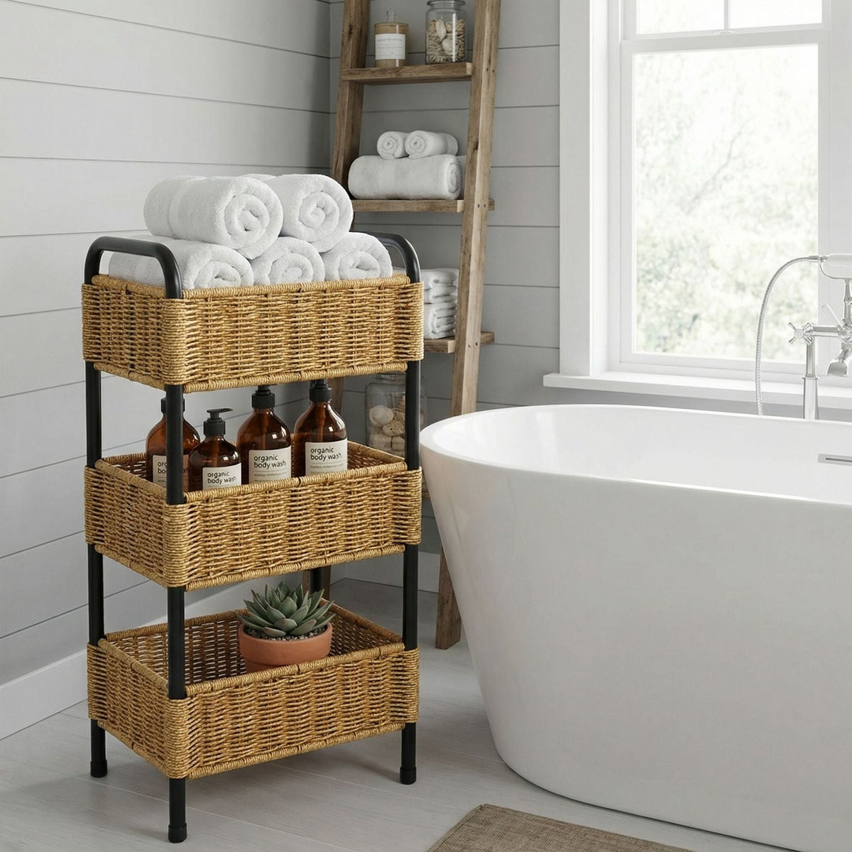 Cesta organizadora tejida de varios niveles para baño