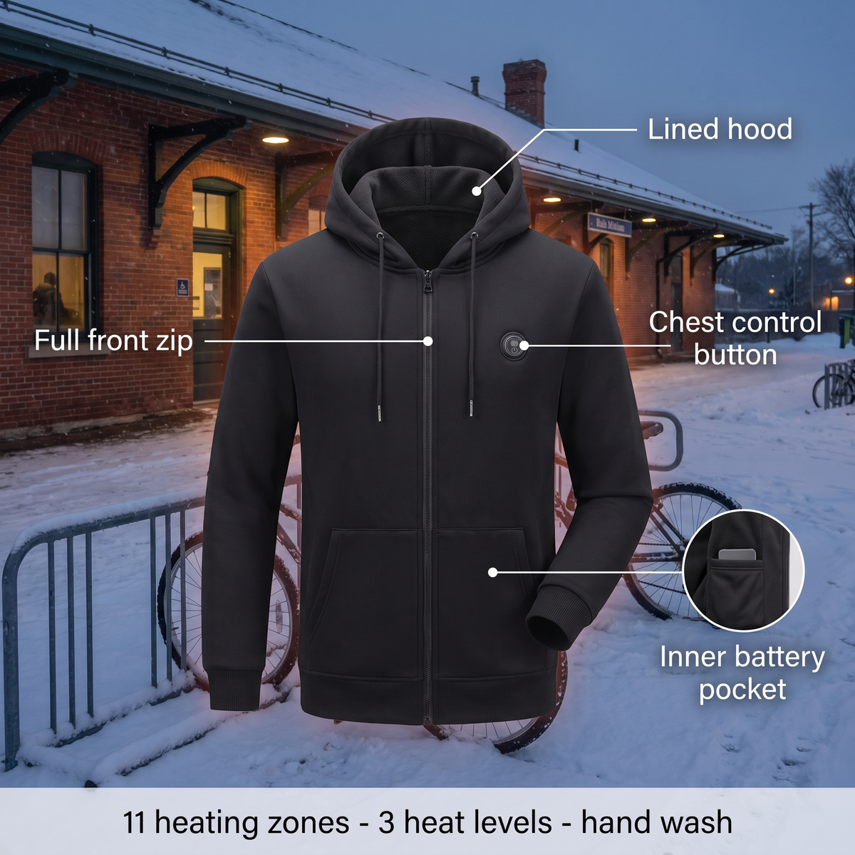 Chaleco calefactable con capucha - 11 zonas de calor, 3 niveles de temperatura, USB