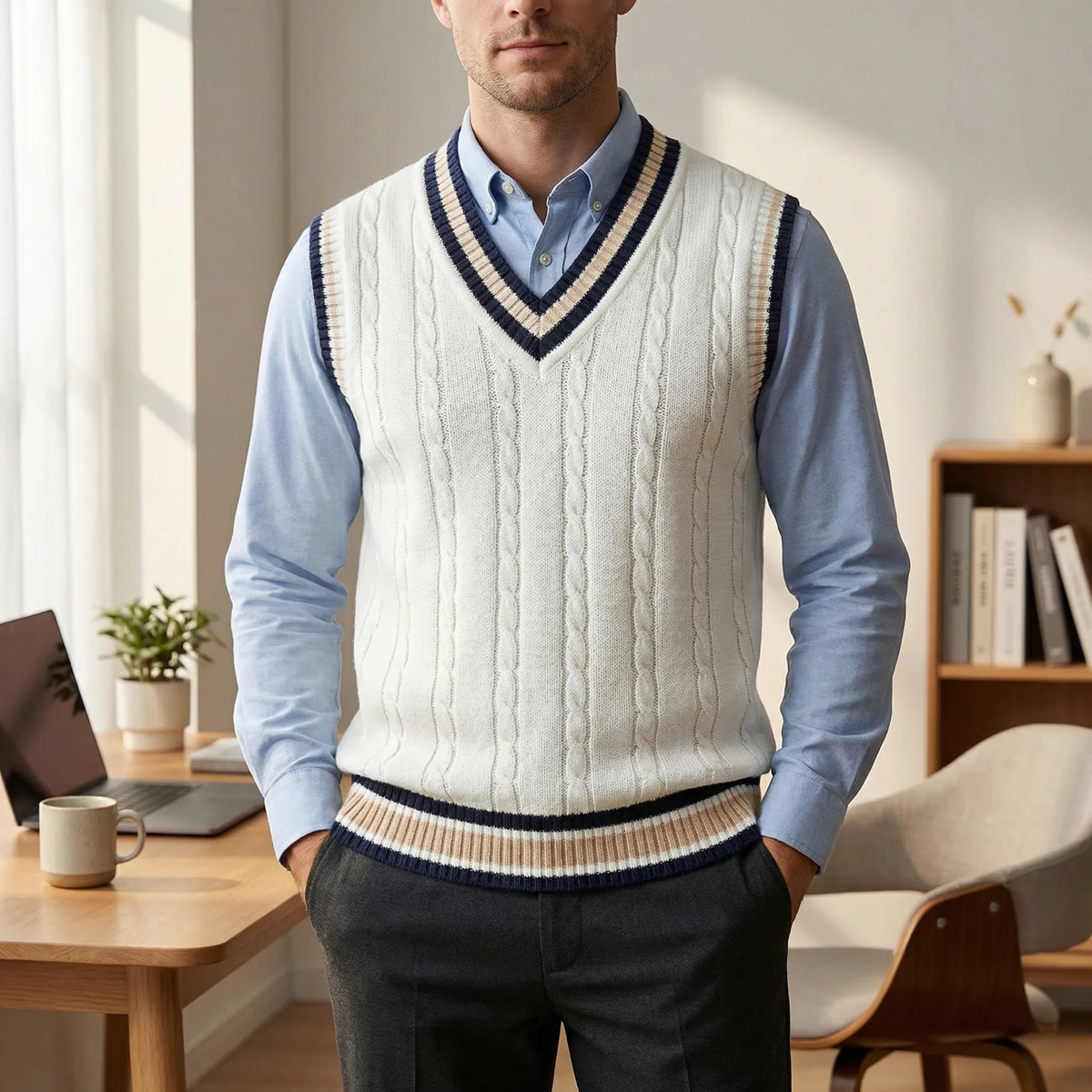 Chaleco de punto estilo universitario casual