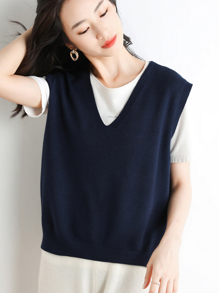 Chaleco de punto fino oversize con cuello de pico y dobladillo acanalado para mujer