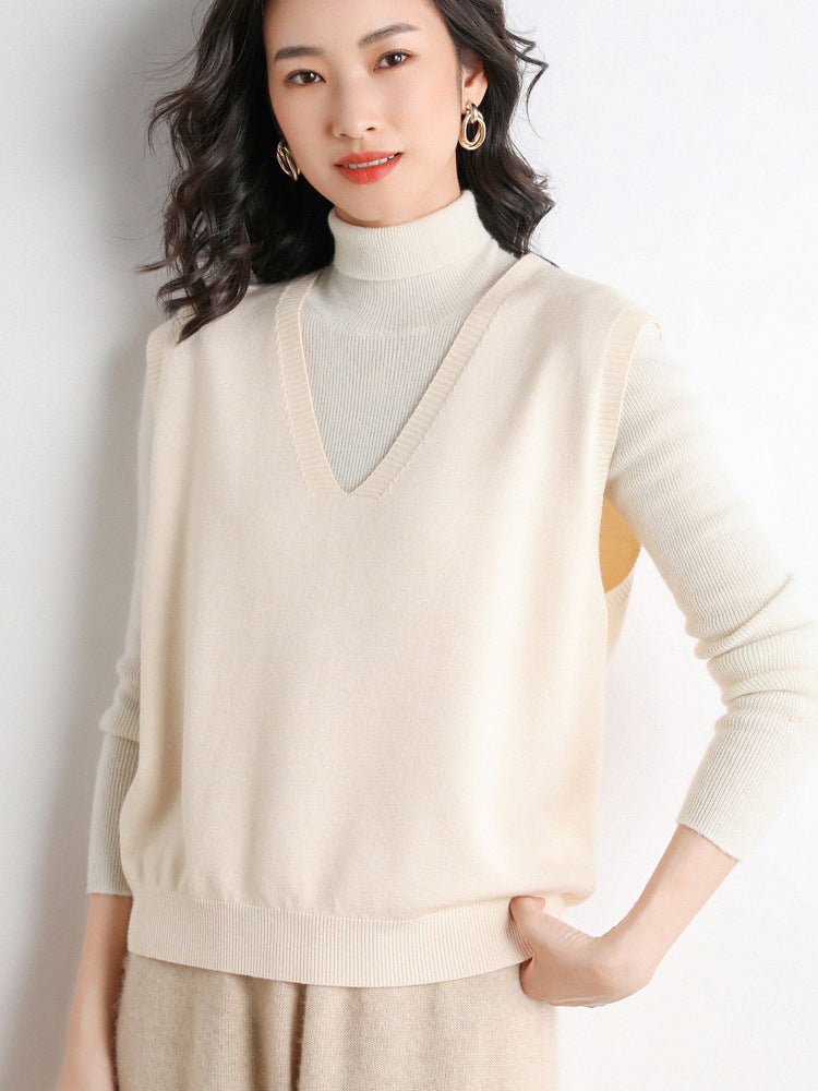 Chaleco de punto fino oversize con cuello de pico y dobladillo acanalado para mujer