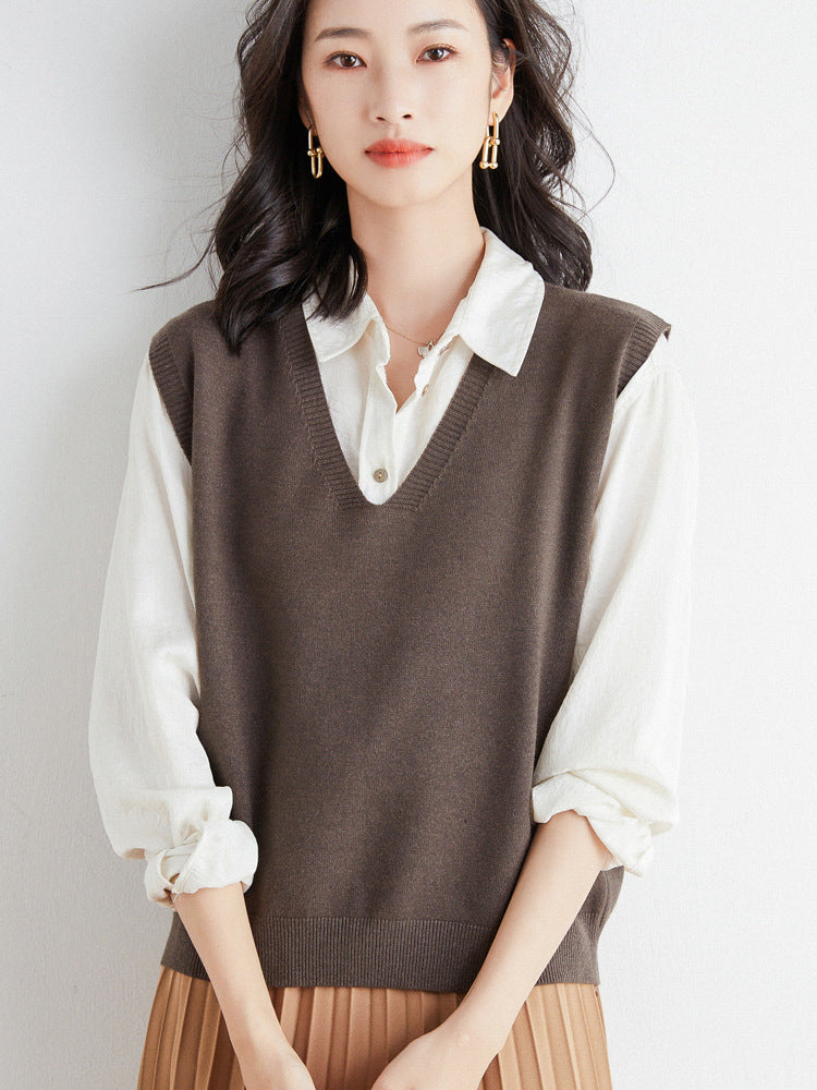 Chaleco de punto fino oversize con cuello de pico y dobladillo acanalado para mujer