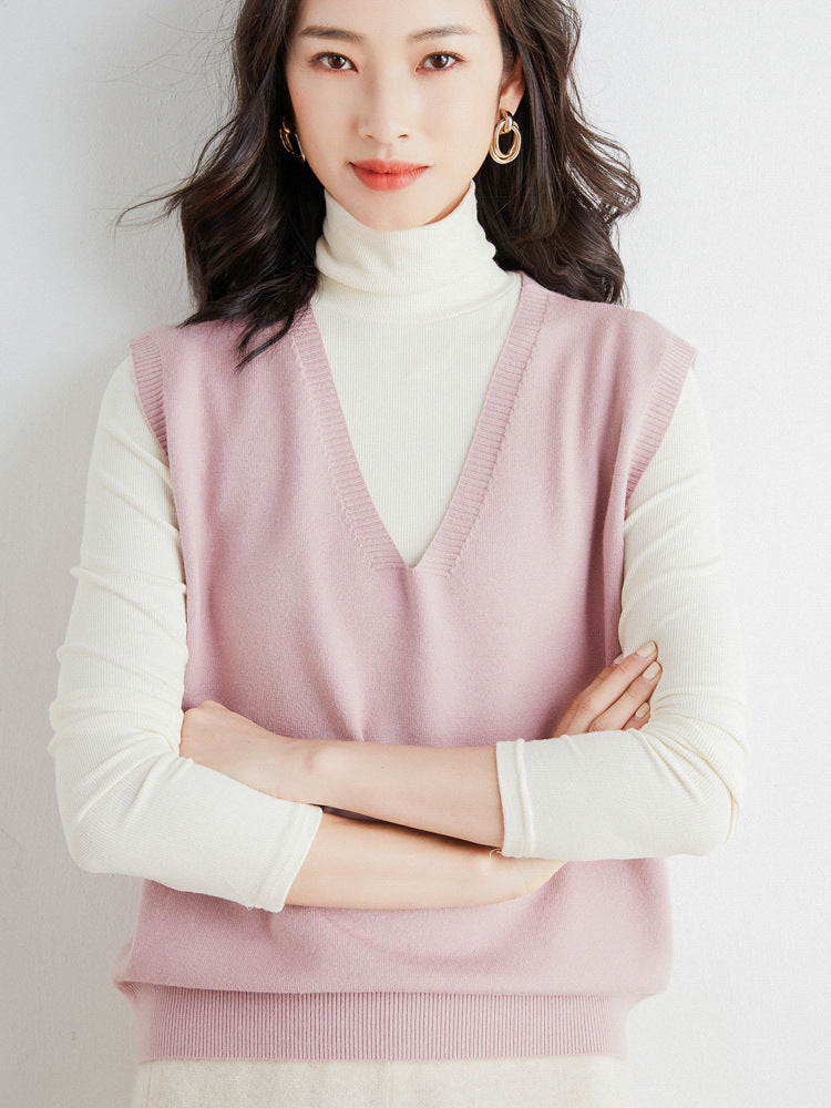 Chaleco de punto fino oversize con cuello de pico y dobladillo acanalado para mujer