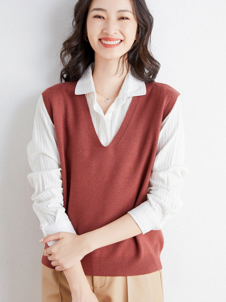 Chaleco de punto fino oversize con cuello de pico y dobladillo acanalado para mujer